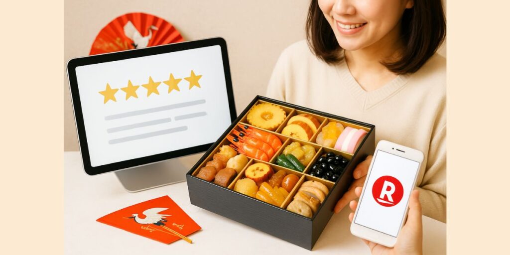 笑顔の女性が、エビや黒豆、伊達巻など色とりどりのおせち料理が詰まった重箱を手にしている。隣には星評価が表示されたモニターと、楽天のロゴを表示したスマートフォンがあり、口コミや購入サイトをイメージさせるシーン