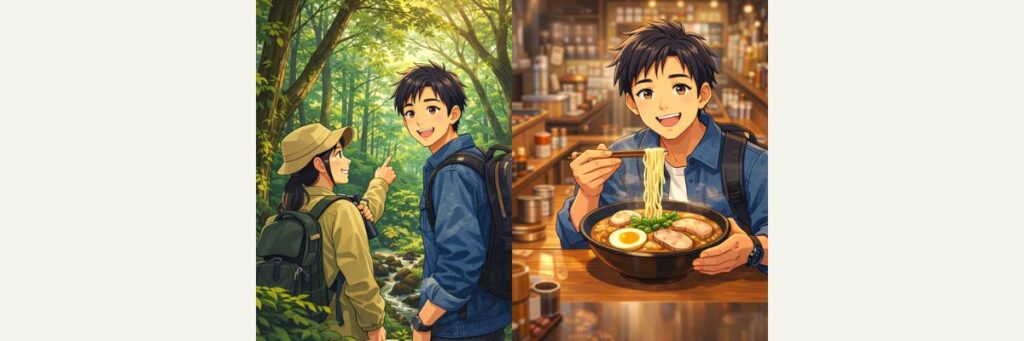 自然体験と“旅のシメ”（照葉樹林〜ラーメン）